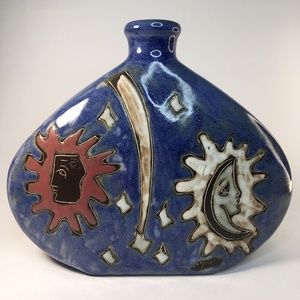1990s MARA of MEXICO Vase - Mexican Art Pottery - SUN MOON STARS CELESTIAL BLUE